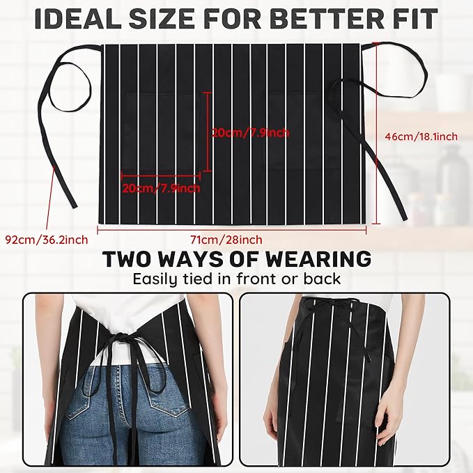 3 Pack Waist Apron with 3 Pockets, Unisex Black Waiter Aprons, Water Resistant Server Aprons for Restaurant Chef Bar