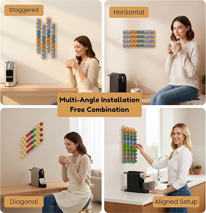 Bamboo Coffee Pod Holder, Adhesive Wall Mount for Cabinet Door, 36-Capsule Storage (Set of 4) — Vertical/Horizontal — Compatible with Nespresso Original Line-Bamboo Brown