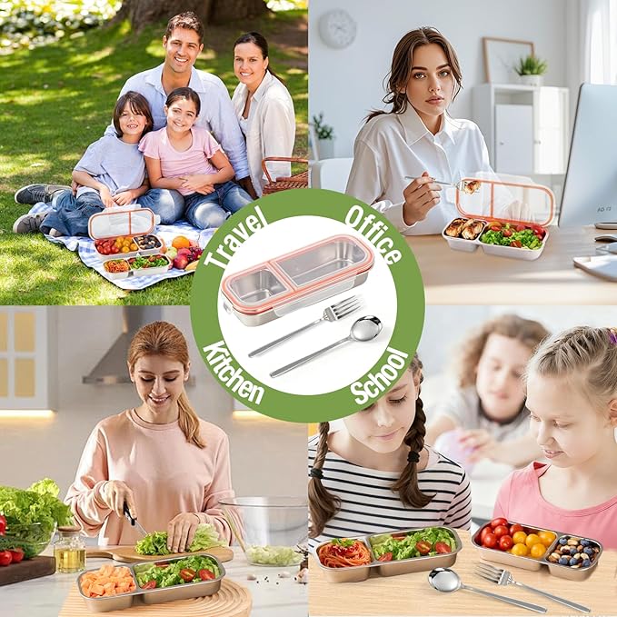 2 Pack Stainless Steel Snack Containers with Fork & Spoon, 2 Compartment Metal Bento Lunch Box with Leakproof Lids, Reusable Snack Bento Prep Containers for Home, Office, Travel