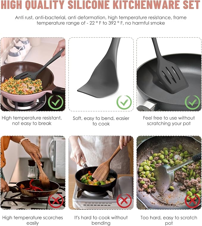 Kitchen Utensils Set-12 Pieces Silicone Cooking Utensils Set (Dishwasher Safe) 392°F Heat Resistant Spatula Set, Nonstick Cookware