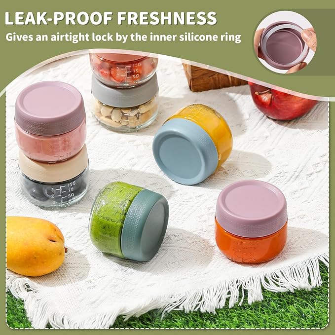 NETANY 6 Pack 4 oz Glass Baby jars with Airtight Lids, Glass Baby Food Storage Containers,Overnight Oats Containers with Lids | Microwave, Dishwasher & Freezer Safe | Includes 10 Labels