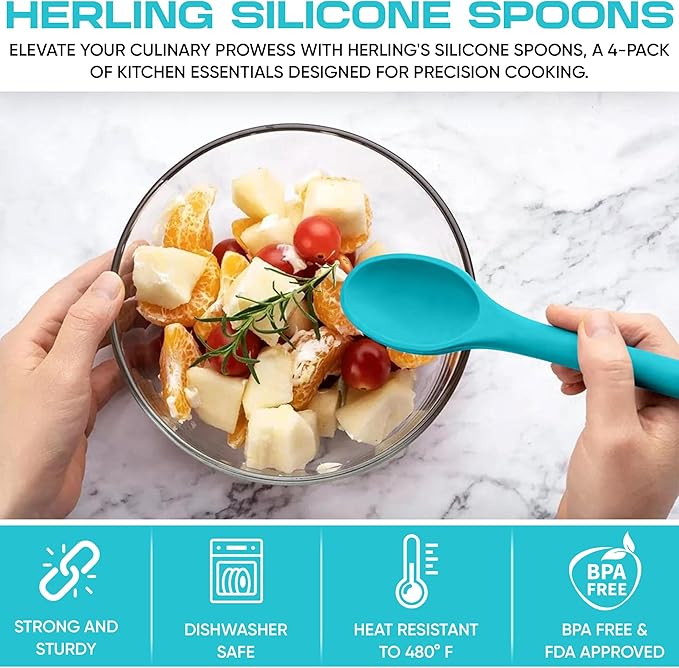 HERLIG™ 4 Pieces Large Silicone Mixing Spoon 12 Inches Heat Resistant Basting Spoon Food Grade Utensil Spoon Non-Stick Spoon for Mixing, Baking, Serving and Stirring