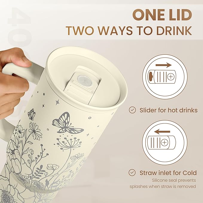 SANDJEST Floral Tumbler with Handle 40oz, Stainless Steel Insulated Tumblers Coffee Travel Mug Cup with Straw, Flower Coffee Cup Gifts for Women Girls, Gift for Her on Christmas Birthday Mothers Day