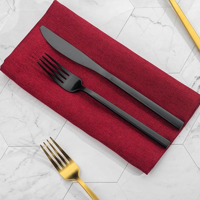 Alata Cube Mixed Black & Gold 40-Piece Forged Silverware Set Stainless Steel Flatware Set,Service for 8,Matte Satin Polished Cutlery Set,Dishwasher Safe