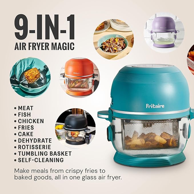 Non Toxic Air Fryer™ - Glass AirFryer 5 Quart w/ 360 Visibility, Self-Cleaning, 400F Vortex Air Fryer for Even Cooking, BPA-Free Teflon Free, 9-in-1 Functions, Rotisserie, Roast, Bake, Cherry