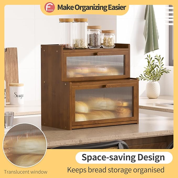 Double Layer Bamboo Bread Box for Kitchen Counter,Bread Holder,Countertop Bread Storage with Window (Brown)