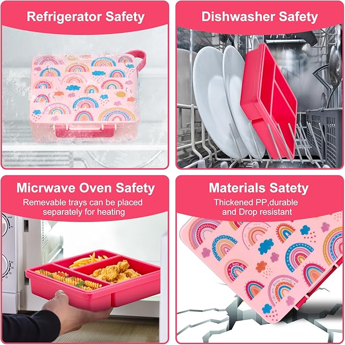 Chill Bento Lunch Box for Kids Adult with Ice Pack,Leak Proof 3 Compartments Lunch Container for Kids,Ice Pack Detachable Bento Box,BPA Free,Dishwasher & Microwave Safe-Rainbow