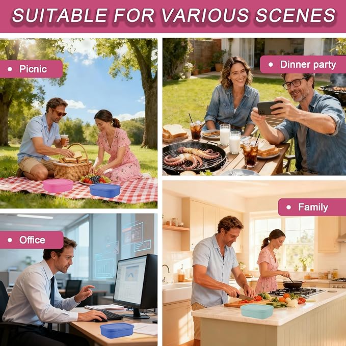 Silicone Adult Bento Box, 3 Compartment Leakproof Silicone Lunch Container, Lunch Box for Men and Women, BPA-Free, Microwave/Dishwasher/Freezer Safe, Reusable Snack Containers (Pink)