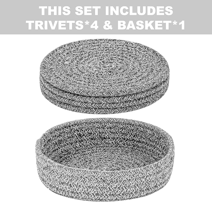 Trivets for Hot Dishes, Pots and Pans, Heat Resistant Hot Pads with Storage Basket, Pot Holders for Kitchen Countertop, Trivet Mats Home Essentials Farmhouse Decor (Grey 4 Pcs)