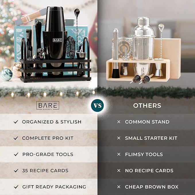BARE BARREL® Mixology Bartender Kit Bar Set | 14-Piece Cocktail Shaker Set | Martini Barware Mixing Tools for Home Bartending | 35 Recipe Cards | Gift Set (28oz Boston Shaker, Jet Black/Black)