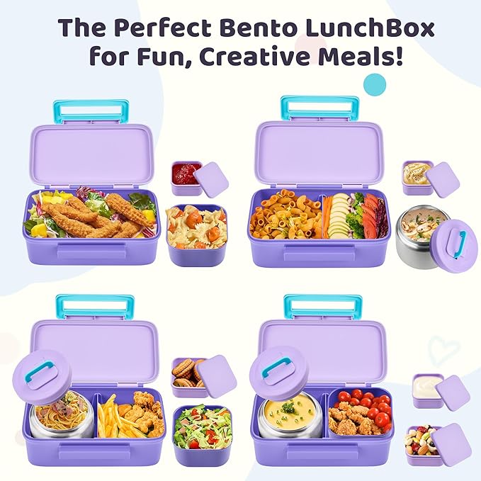 MAISON HUIS Kids Lunch Box with Thermo, Leakproof Bento Box with 8oz Insulated Food Jar, 2 Compartment Container for Back to School Girls Boys (Purple)