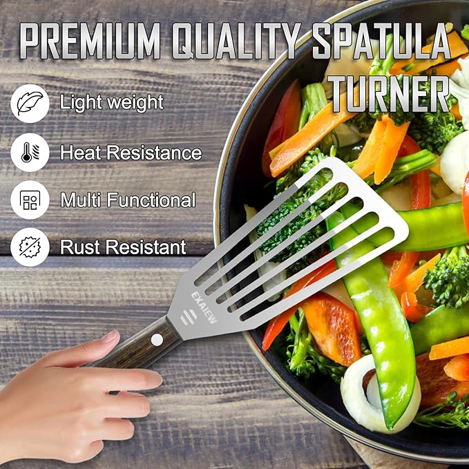 2 Pack Fish Spatula Stainless Steel，Flexible Metal Spatula Perfect for Flipping Eggs, Burgers and Baking, Durable Lightweight Kitchen Slotted Turner for Cooking & BBQ [Wooden Handle]