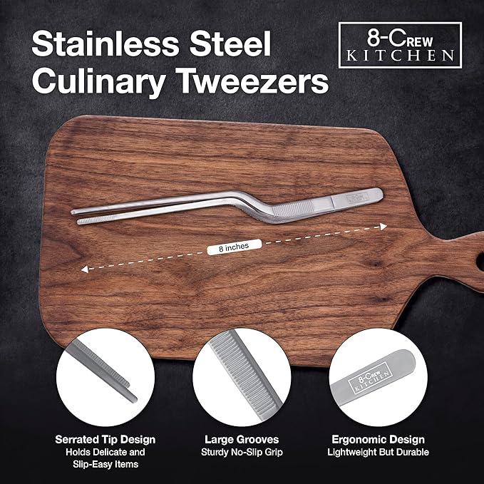 8-CREW KITCHEN Culinary Stainless Steel Tweezers, 8-inch Offset Tip Chef Precision Tongs for Plating, Decorating, Food Design, Bar and Multi-Purpose