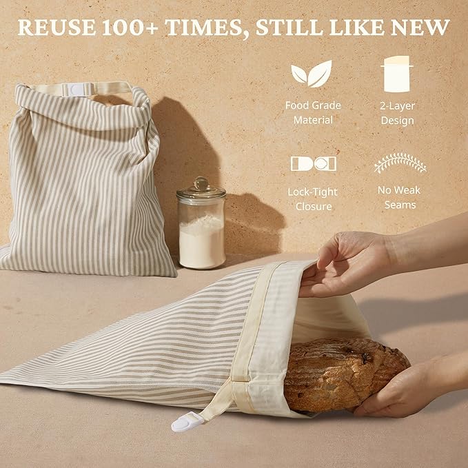 BRONYPRO Beeswax Bread Bags for Homemade Bread Sourdough, 2 Pack Reusable Sourdough Bread Bags, Organic Beeswax & Linen Homemade Bread Storage, Eco-friendly & Long-latsing,Large 17x12.6in,Beige