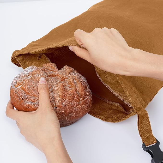 2 Pcs Reusable Linen Bread Bags with Zipper (Dark Yellow), 13 x 19.6 Inches, Plastic Free, Single Layer