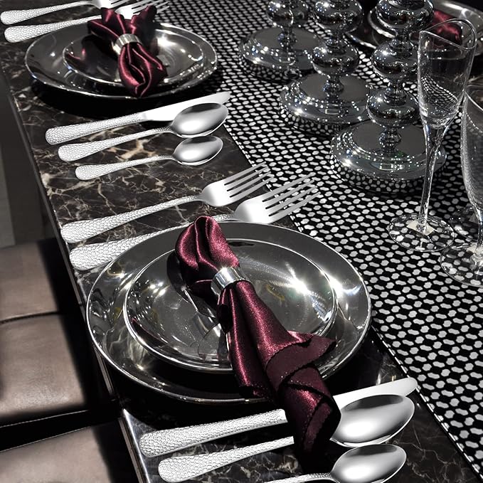 Vintage Silverware Set Hammered Flatware Silver Eating Utensils Stainless Steel Forks Spoons Knives for Restaurant Home Kitchen Parties Durable