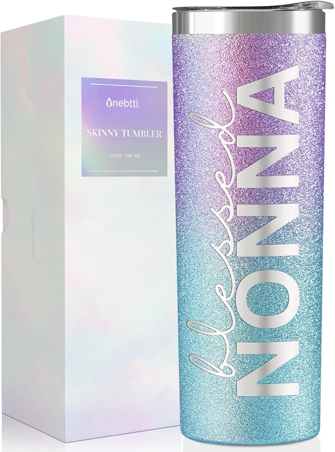 Onebttl Christian Grandma Gifts for Mother's Day, 20oz Purple & Blue Glitter Skinny Tumbler, Straw & Lid Included, Nonna Gifts - Blessed Nonna