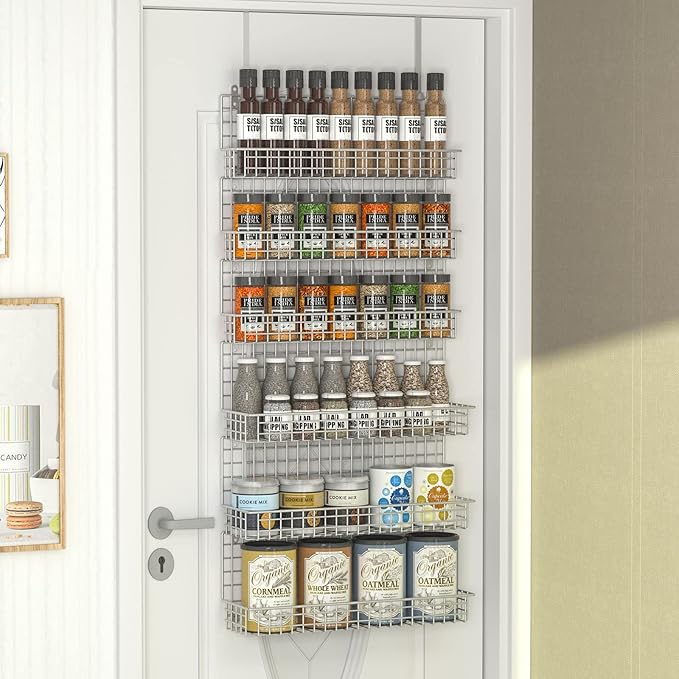 JKsmart Spice Rack Organizer 6-Tier Wall Mounted & Over the Door Spice Racks for Kitchen Pantry Bathroom,Two Size, Large Capacity, Silver
