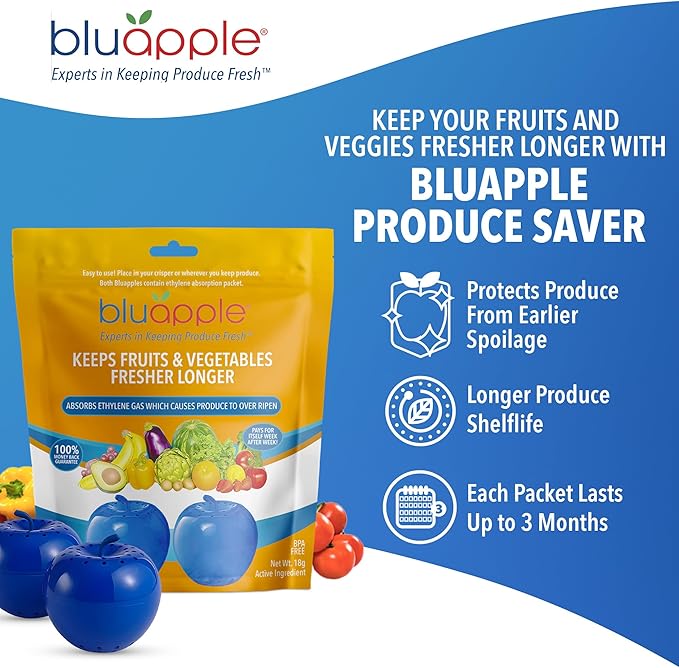 Bluapple Produce Saver Ethylene Gas Absorber 2-Pack - Keeps Fruits & Vegetables Fresh Longer in Refrigerator Crisper, Shelves, & Fruit Bowls, Lasts up to 3 Months, Produce Storage, BPA Free, USA Made