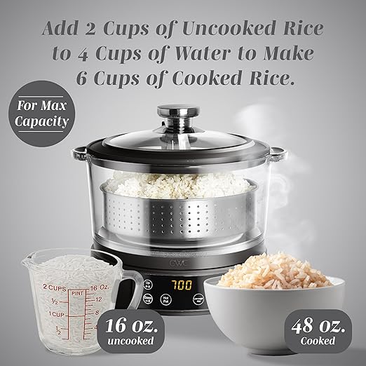 COOK WITH COLOR 3L Glass Mini Low Carb Rice Cooker – Holds 2 Cups Raw/Makes 6 Cups Cooked with Auto Lift Filter Basket, Hotpot & Steamer for Rice, Grains, Digital Panel with Keep Warm, Black