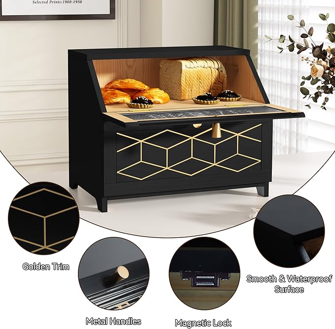 Double Layer Bread Box With Golden Trim for Countertop, Wooden Bread Container for Kitchen Counter, Corner Bread Storage (Black1)