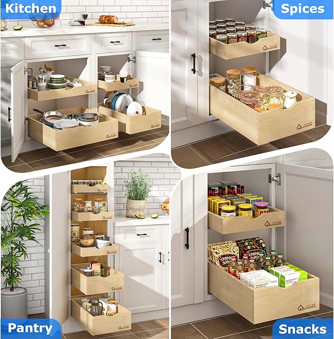 WelFurGeer Premium Birchwood Pull-Out Cabinet Drawers, 14" W x 21" D Pull Out Cabinet Organizer, Soft Close Slide-Out Shelves for Kitchen Cabinets, Heavy-Duty Cabinet Organizer for Home & Kitchen