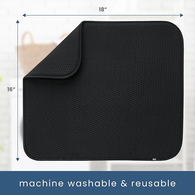 S&T INC. Dish Drying Mat, 16” x 18”, Absorbent Microfiber Kitchen Counter Mat, Drying Pad for Dishes, Utensils, Pots and Pans, Large, Diamond Texture, Black