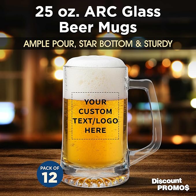 DISCOUNT PROMOS Custom ARC Glass Beer Mugs 25 oz. Set of 12, Personalized Bulk Pack - Great for Octoberfest, Pub, Restaurant - Clear
