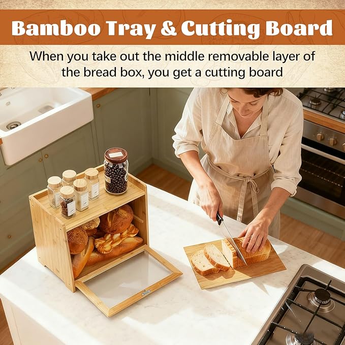 Bamboo Bread Box for Kitchen Countertop, Double Layer Large Capacity Bread Storage Cabinet with Removable Cutting Board, Farmhouse Breadbox Container Organizer Bins for Pantry Shelf Cupboard (Natural)