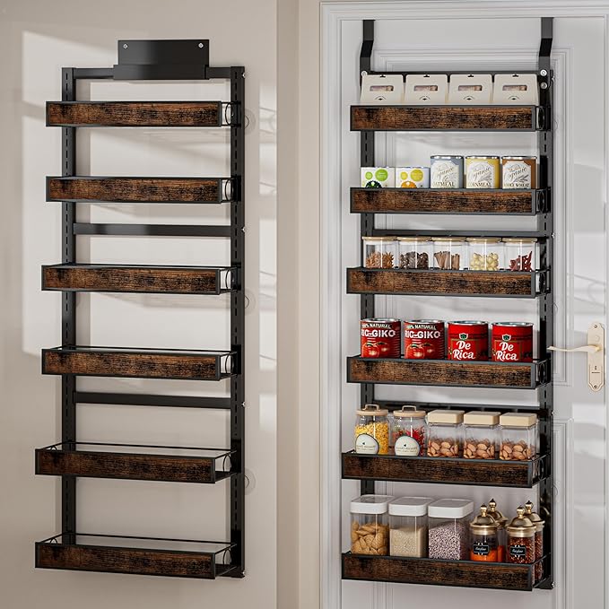 Over The Door Pantry Orangizer,6 Tier Wall Mounted or Hanging Spice Rack with Adjustable Wood Basket,Metal Heavy Duty Behind Door Storage Shelf for for Kitchen Pantry and Bathroom
