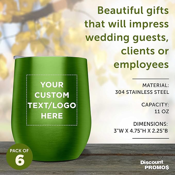 Custom Stemless Wine Glass Tumblers with Lids by Largo 11 oz. Set of 6, Personalized Bulk Pack - Perfect for Wine, Cocktails, Other Hot & Cold Beverages - Lime Green