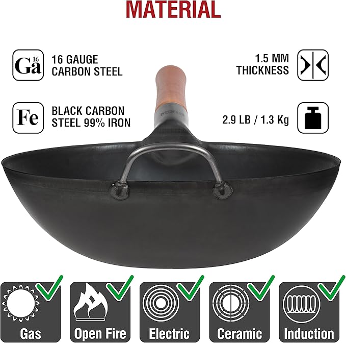 YOSUKATA Carbon Steel Wok Pan – 11,8 “ Woks and Stir Fry Pans + Wok Lid 11.4 In - Premium Stainless Wok Cover with Tempered Glass Insert Steam Holes and Ergonomic Handle