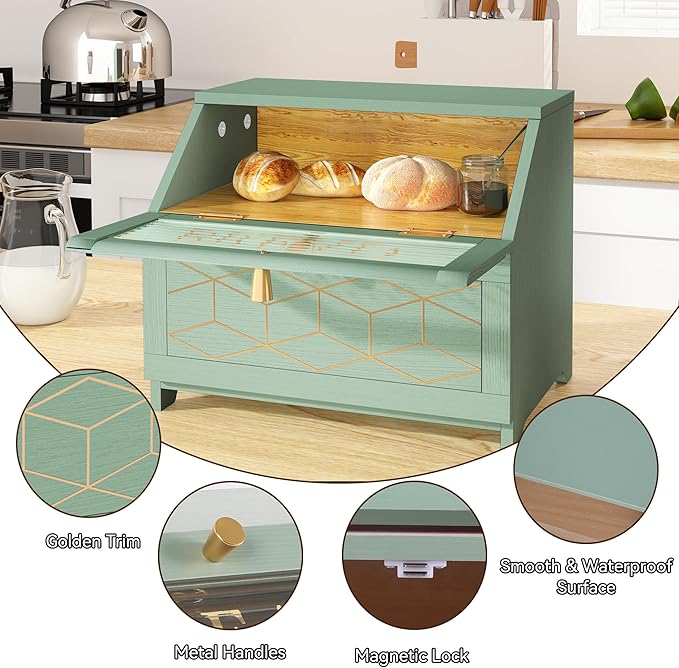 Double Layer Bread Box With Golden Trim for Countertop, Wooden Bread Container for Kitchen Counter, Corner Bread Storage (Green)