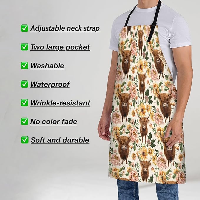 Highland Cow and Floral Apron for Women, 28x33in, Kitchen Chef Aprons with 2 Pockets, Polyester, Cute Cow Flower Apron for Cooking BBQ Baking Gardening Chef, Gifts for Mom Wife Dad