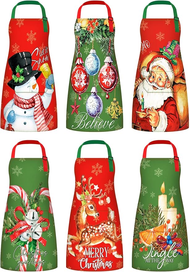 6 Pcs Christmas Aprons for Women Xmas Tree Aprons with Pockets Vintage Adjustable Baking Supplies for Adults