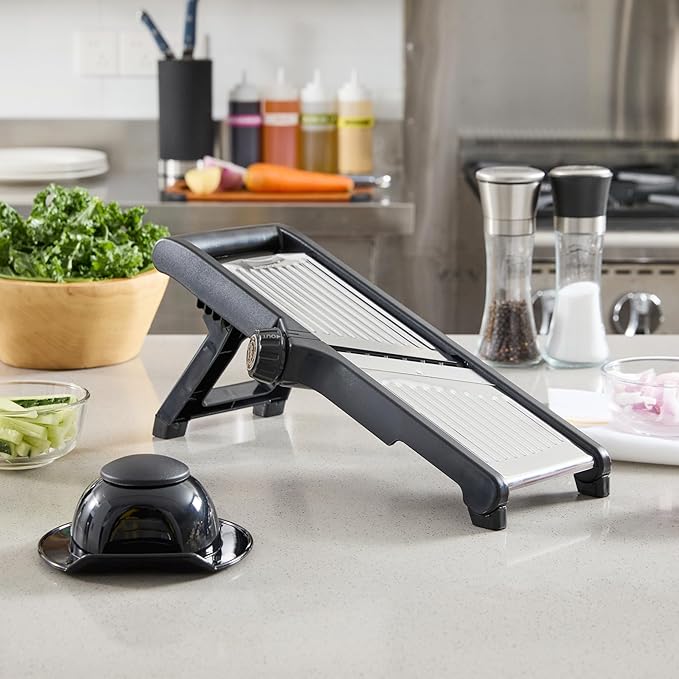 Restaurantware Stainless Steel Adjustable Mandoline Slicer - German Standard Vegetable Slicer with Blade Guard, Includes Cut-Resistant Gloves - Food Slicer for Potato, Onions, Cucumbers, Tomato
