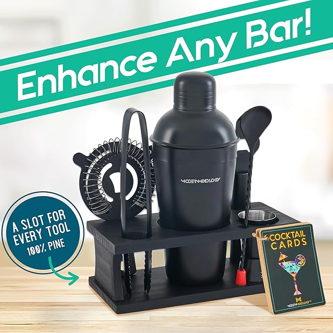 Modern Mixology Cocktail Shaker Set - 8 Piece Bartender Kit with Martini Shaker and Popular Bar Accessories on Quality Pine Stand - Leak Proof Design (Black)