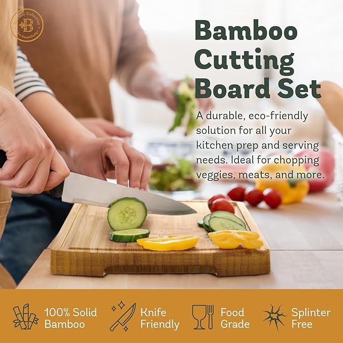 Wood Cutting Boards for Kitchen - Bamboo Cutting Board Gift Set with Deep Juice Groove & Side Handles - Chopping Board Butcher Block for Meat, Vegetables, Charcuterie, Cheese, Serving, or Meal Prep