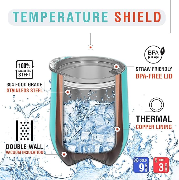 CHILLOUT LIFE 12 oz Stainless Steel Wine Tumbler with Lid - Double Wall Vacuum Insulated Wine Cup Glass Keeping Cold & Hot for Coffee, Champagne, Cocktails, Ice Cream - Blue Sparkle