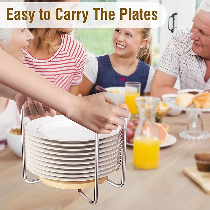 Plate Holder for Kitchen Drawers - Bamboo Dish Racks for Kitchen Counter 2Pcs Small & Large - Adjust 6.75" to 12.5" Stainless Steel Plate and Bowl Organizer for Cabinet, RV, Countertop