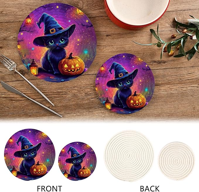 Cute Cat with Witch Hat Kitchen Trivets Pot Holders Set of 2, Trivets for Hot Pots Dishes Woven Trivet Coaster Pad Mat for Counter