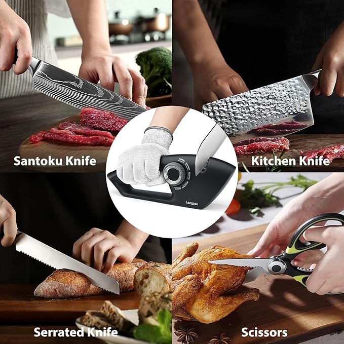 Longzon 5-in-1 Knife Sharpener 5 Stage for Serrated Knives, Scissors with Cut-Resistant Glove,Original Premium Polish Blades,Best Kitchen Knife Sharpener Repair & Restore Pocket Knife, Chefs knife