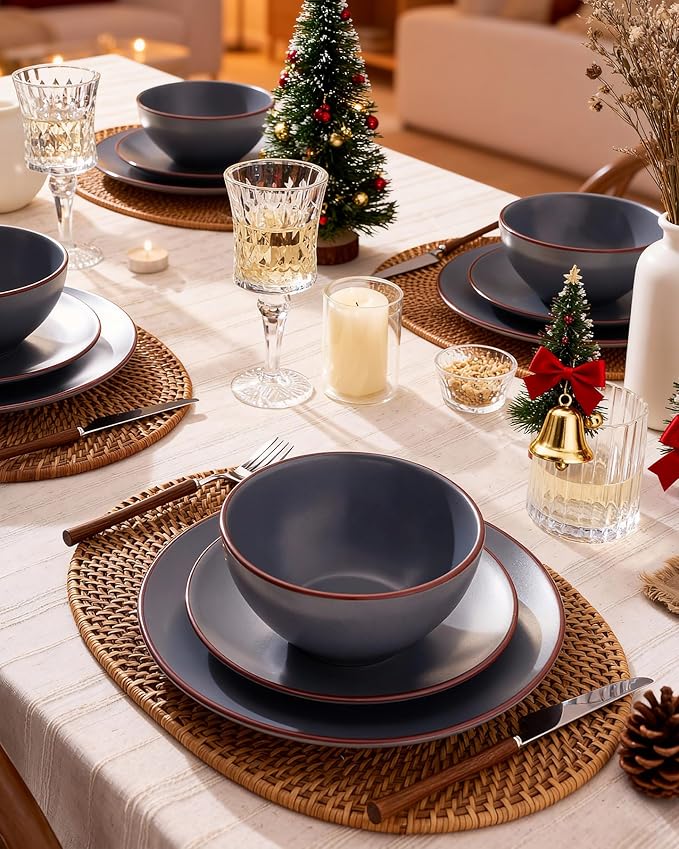Famiware Venus Plates and Bowls Sets, 18 Pieces Stoneware Dinnerware Sets, Speckled Dishes Set for 6, Microwave and Dishwasher Safe, Matte Charcoal