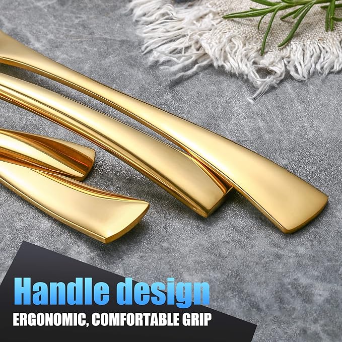 Lemeya 24-Piece Gold Silverware Set for 6,Heavy Duty 18/10 Stainless Steel Cutlery Set with Forged Stand Knife,Modern Flatware Utensils Set,Forks Spoons and Knives Set,Mirror Polished,Dishwasher Safe