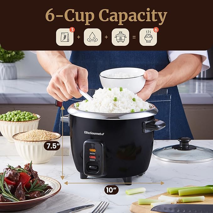 Elite Gourmet ERC006XSS 6-Cup Electric Rice Cooker with 304 Surgical Grade Stainless Steel Inner Pot, Makes Soups, Stews, Porridges, Grains and Cereals, 6 cup (3 cups uncooked), Black