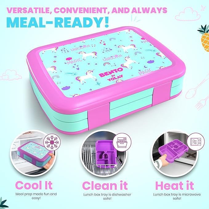 YOLAY Bento Box for Kids Lunch Box Leak-Proof, 5-Compartment Lunch Box Kids for Ages 3-10, Durable with Anti-Slip Base, Suitable for Schools, Outdoor and Travel (Mermaid) (Unicorn)