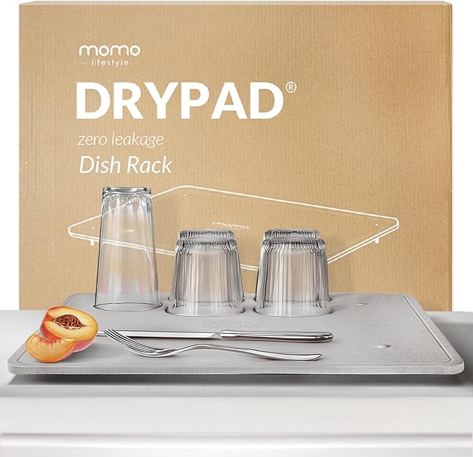 Momo Lifestyle DryPad® Large Stone Dish Drying Mat 19.7″ × 15.7″ Misty Gray — Ultra-Absorbent Diatomaceous-Earth Kitchen Counter & Dish-Rack Mat, Zero Rust, Premium Home Innovation