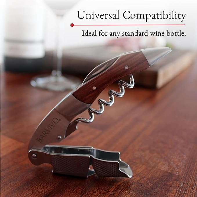 Barvivo Black Resin Wine Opener with Foil Cutter Knife and Cap Remover, Double Hinged Manual Wine Key for Bartenders, Servers, Waiters, Stainless Steel Wine Bottle Opener Corkscrew