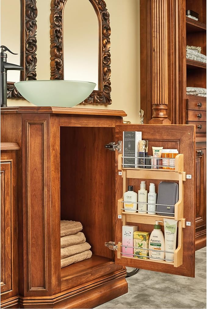 Rev-A-Shelf 18" 3 Tiered Pull Out Shelf Organizer for Kitchen Cabinets, Pantry Storage Spice Seasoning Rack, Door/Wall Mounted, Maple Wood, 4SR-18