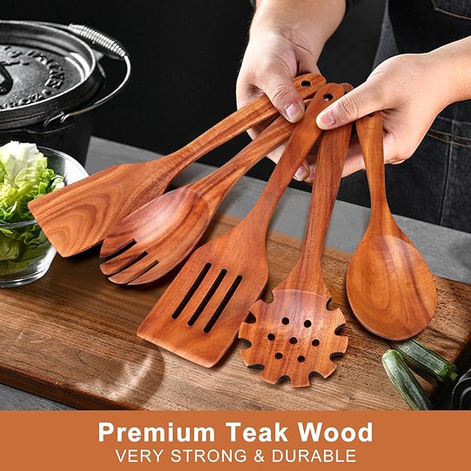 5 Pcs Best Wooden Spoons for Cooking Kitchen Utensil Set Teak Wood Spatula Slotted Spatulas for Nonstick Cookware Pasta Spoon Salad Fork & Spoons Non Toxic Wooden Utensils BPA Free